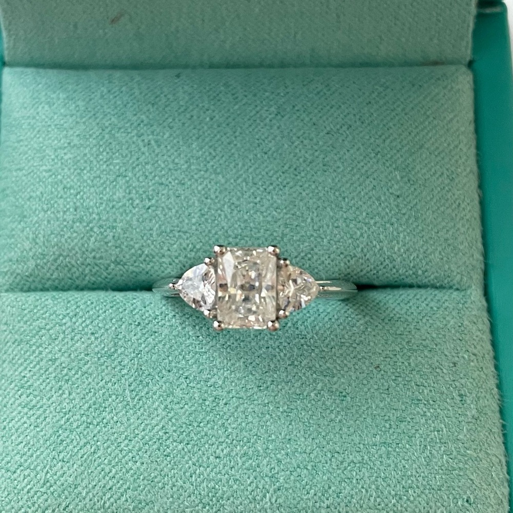 Three Stone Radiant And Trillion Moissanite Polish Engagement Ring size 5.5.